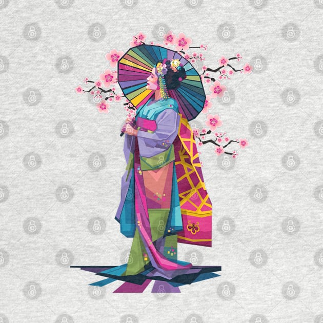 Geisha with rainbow umbrella by Alkahfsmart